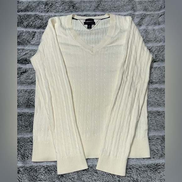 Tommy Hilfiger Sweater Womens L Cable Knit Cream Ivory Pullover Vneck long SIv. - Picture 3 of 5